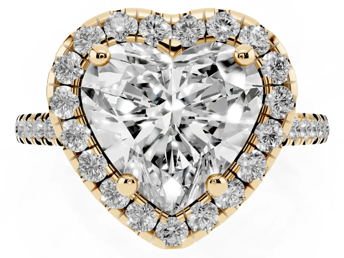 Heart Cut Diamond Cushion Halo Ring with Pavé Band Yellow gold