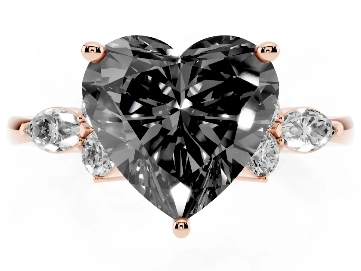 Fancy Black Heart Cut Brilliant Diamond Solitaire Ring with Pear Side Stones and Four-Prong Setting Rose gold