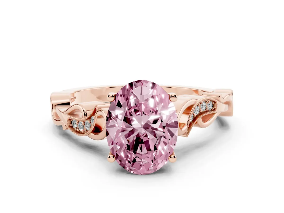 Fancy Pink Oval Cut Solitaire Vine Band with Milgrain Prong Setting Rose gold
