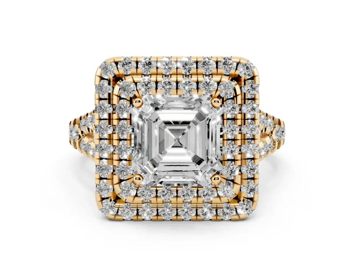 Double Halo Asscher Cut Diamond Pavé Split Shank Ring with Prong Setting Yellow gold