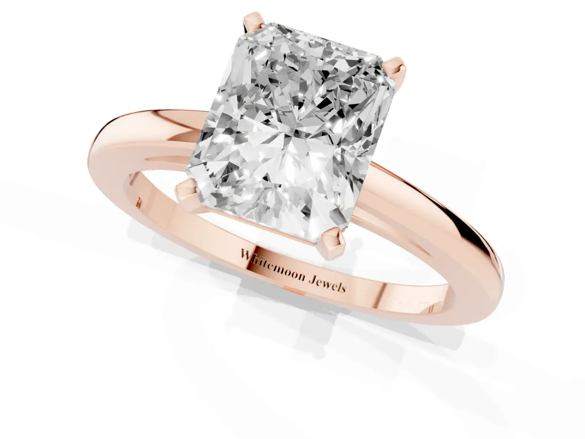 Radiant Cut Solitaire Diamond Engagement Ring with Four-Prong Setting on a Classic Band Rose gold
