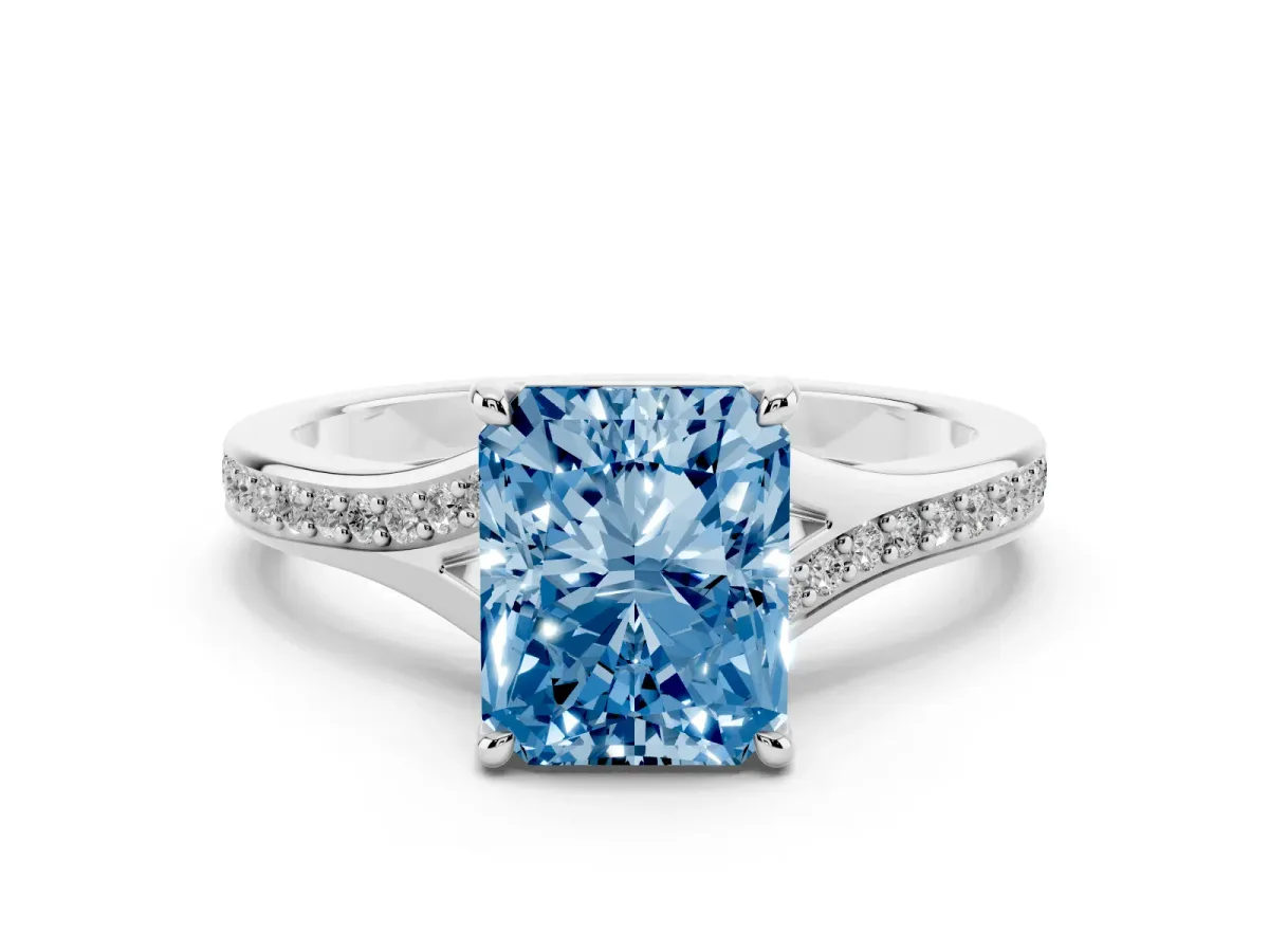 Fancy Blue Radiant Cut Diamond Solitaire Ring with Pavé Band and Prong Setting Silver