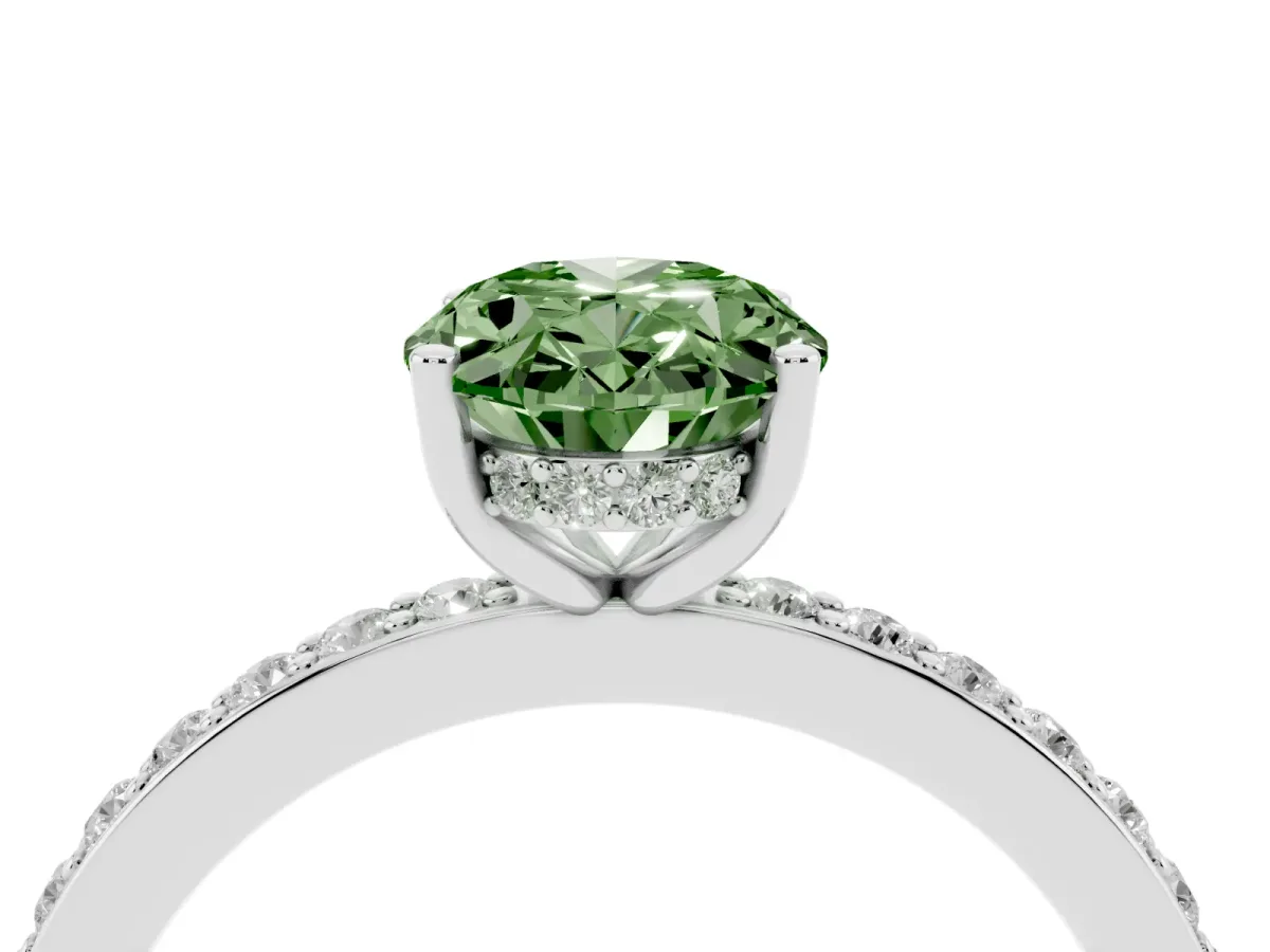 Fancy Green Oval Cut Cut Diamond Pavé Band Ring with Four-Prong Setting Platinum
