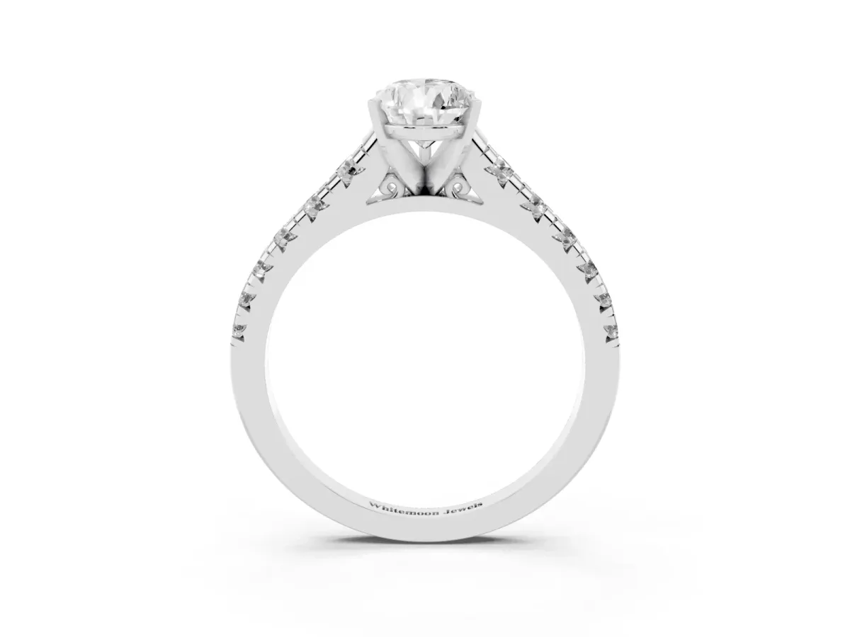 Pear Cut Diamond Cathedral Solitaire Ring with Round Pavé Band Platinum