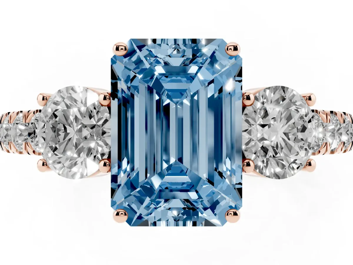 Fancy Blue Emerald Cut Cut Diamond Three-Stone Ring with Round Side Stones and Pavé Band Rose gold