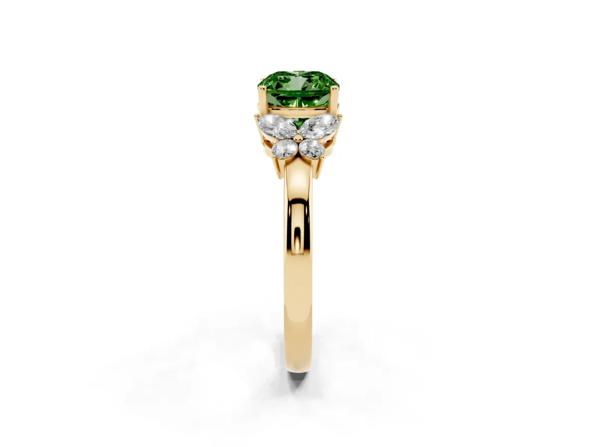 Fancy Green Cushion Cut Cut Solitaire Floral Diamond Ring with Four-Prong Setting Yellow gold
