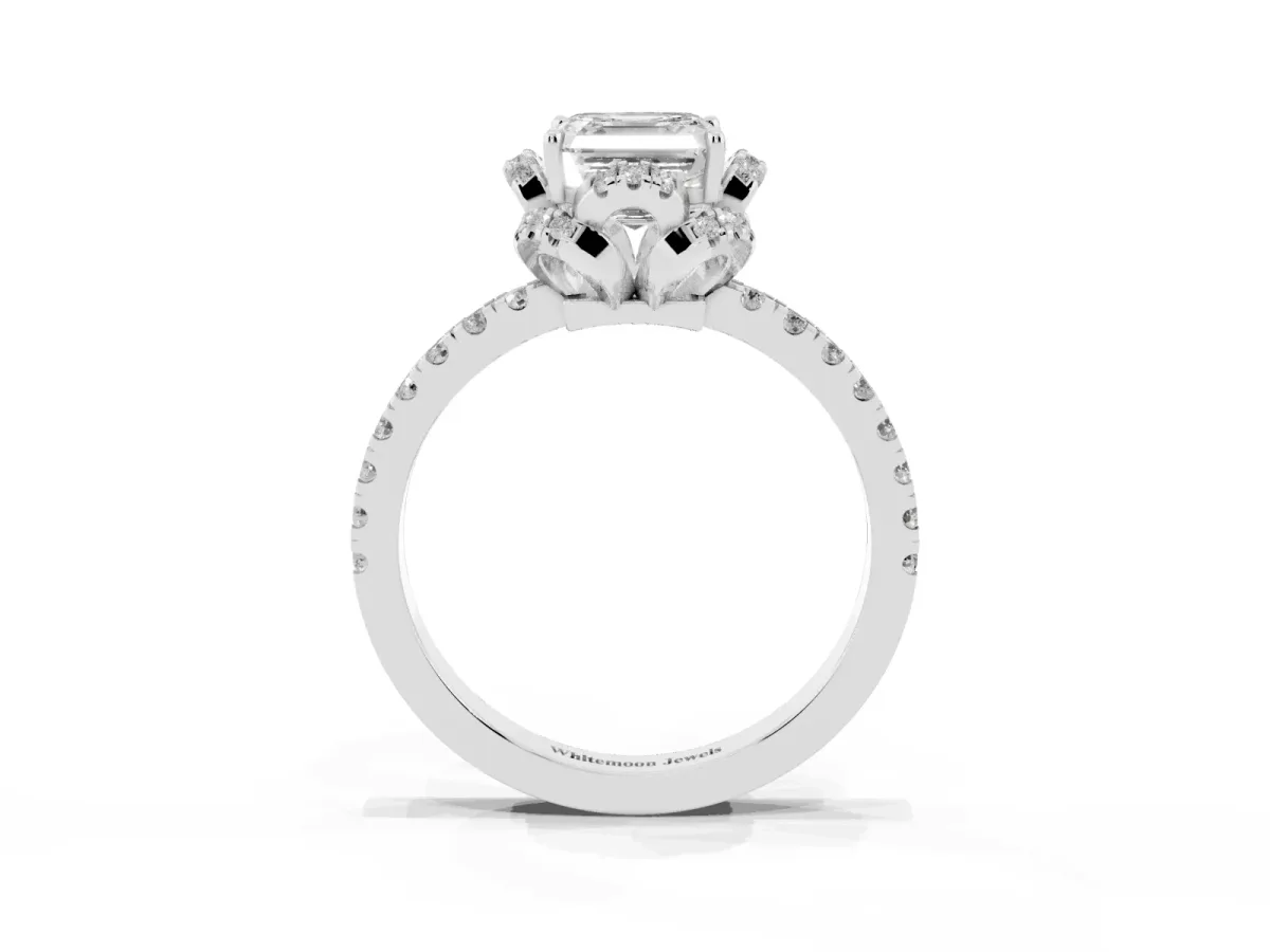 Asscher Cut Diamond Halo Pave Band with Four-Prong Setting Silver