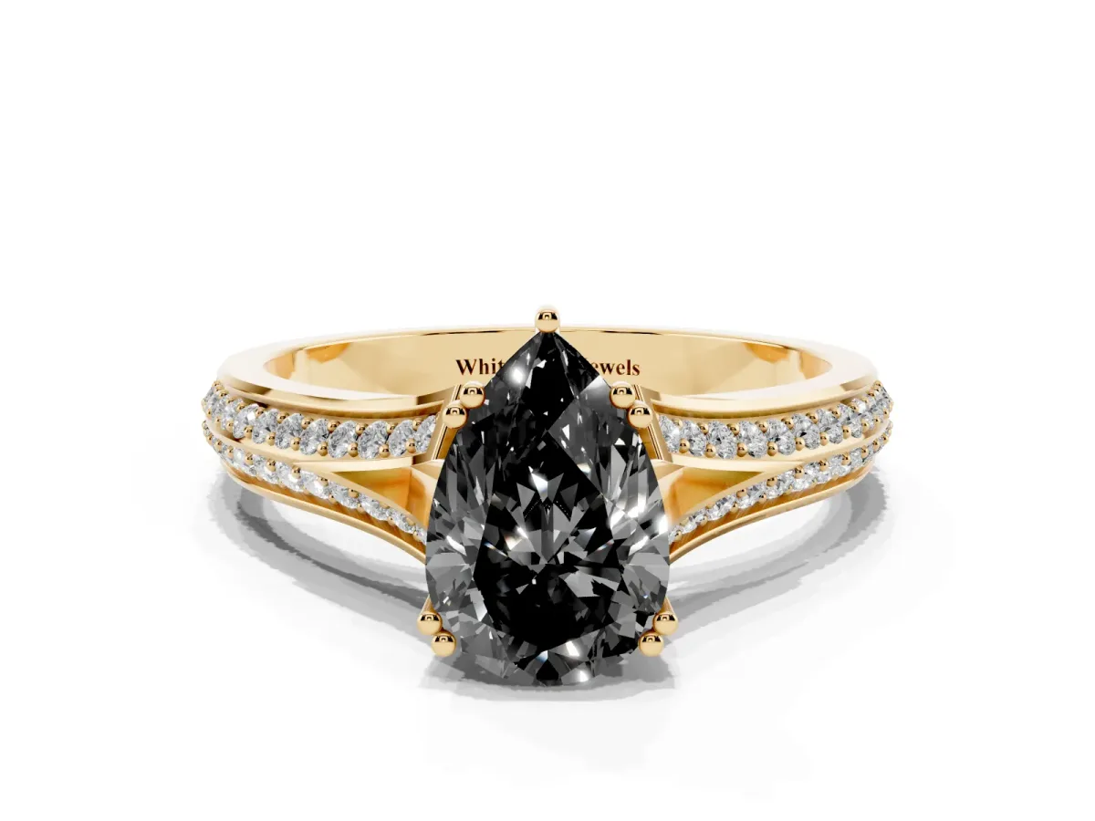 Fancy Black Pear Cut Diamond Split Shank Engagement Ring with Pavé Band Yellow gold