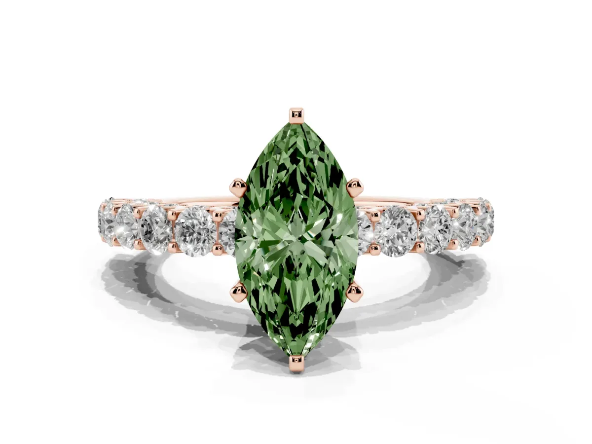 Fancy Green Marquise Cut Diamond Solitaire Ring with Shared Prong Pavé Band and Four-Prong Setting Rose gold