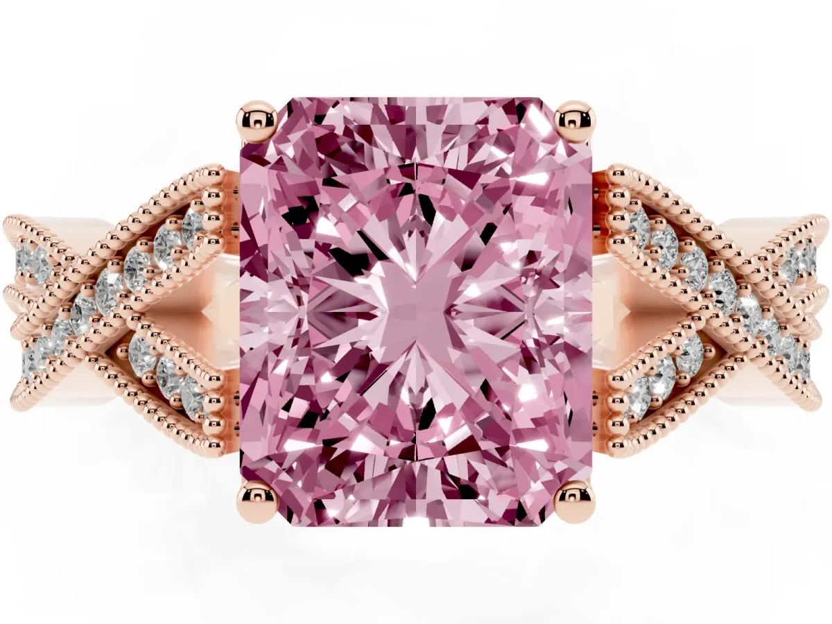 Fancy Pink Radiant Cut Cut Diamond Twisted Band with Milgrain Pave Setting and Four-Prong Setting Rose gold