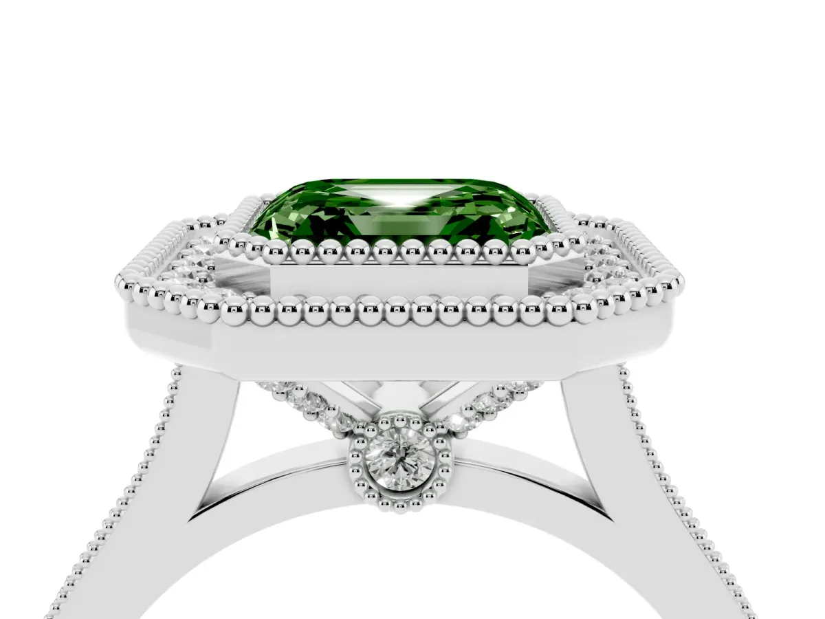 Fancy Green Asscher Cut Diamond Halo Ring with Milgrain Frame and Pavé Band White gold