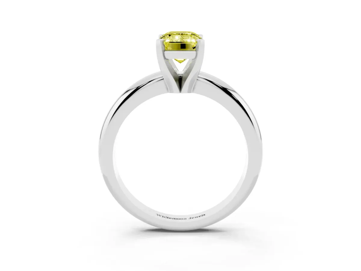 Fancy Yellow Emerald Cut Diamond Solitaire Engagement Ring with Round Band and Four-Prong Setting White gold