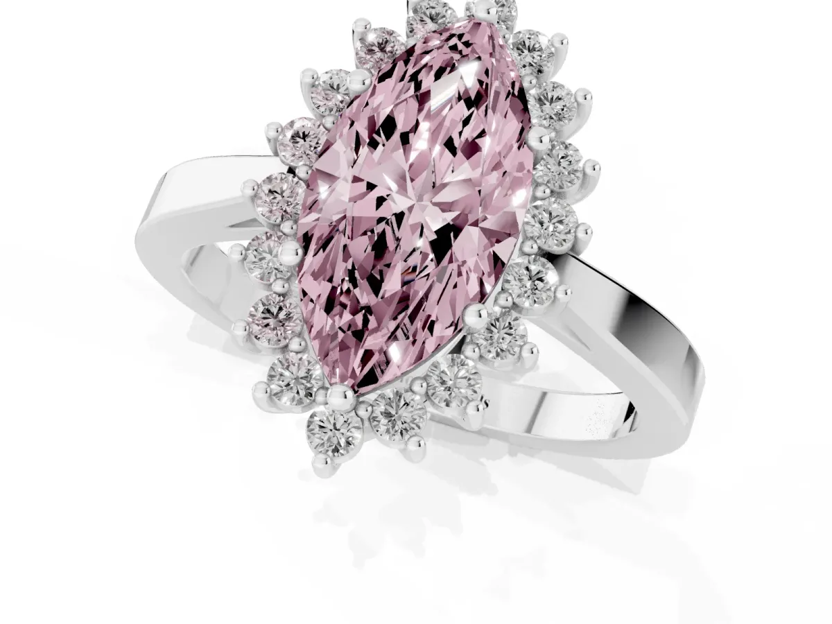 Fancy Pink Marquise Cut Cut Diamond Halo Ring with Round Brilliant Halo and Solitaire Band Platinum