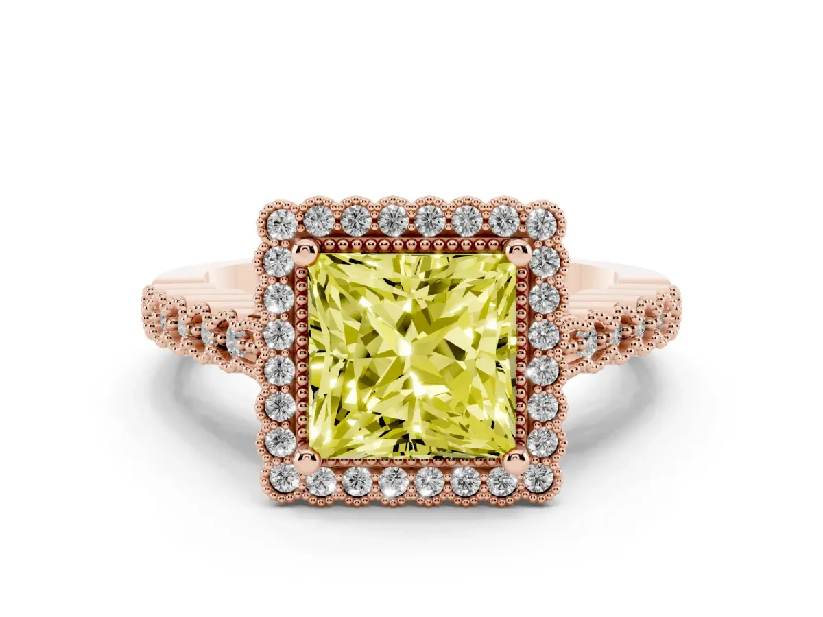 Fancy Yellow Princess Cut Cut Halo Pavé Solitaire Ring with Milgrain Band Rose gold