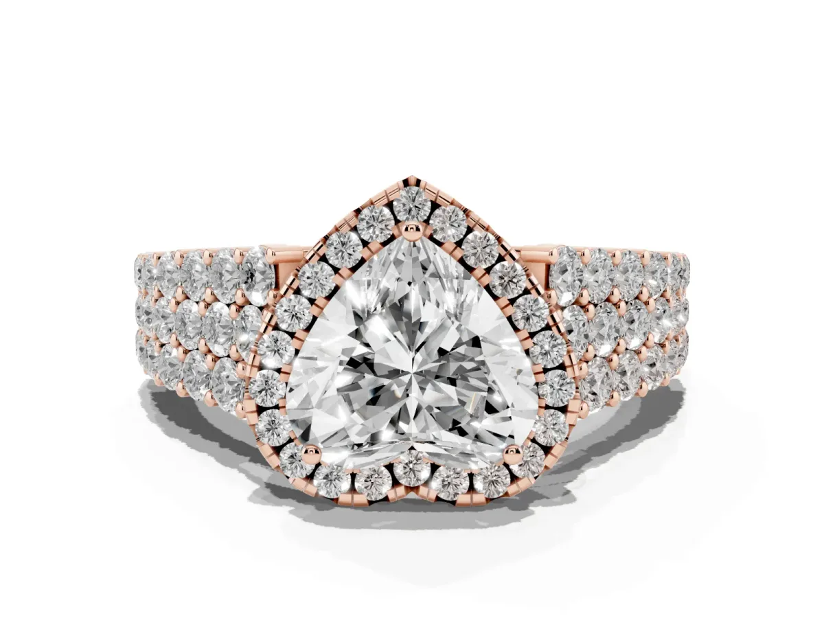 Heart Cut Diamond Halo Engagement Ring with Triple Row Round Pavé Band and Prong Setting Rose gold