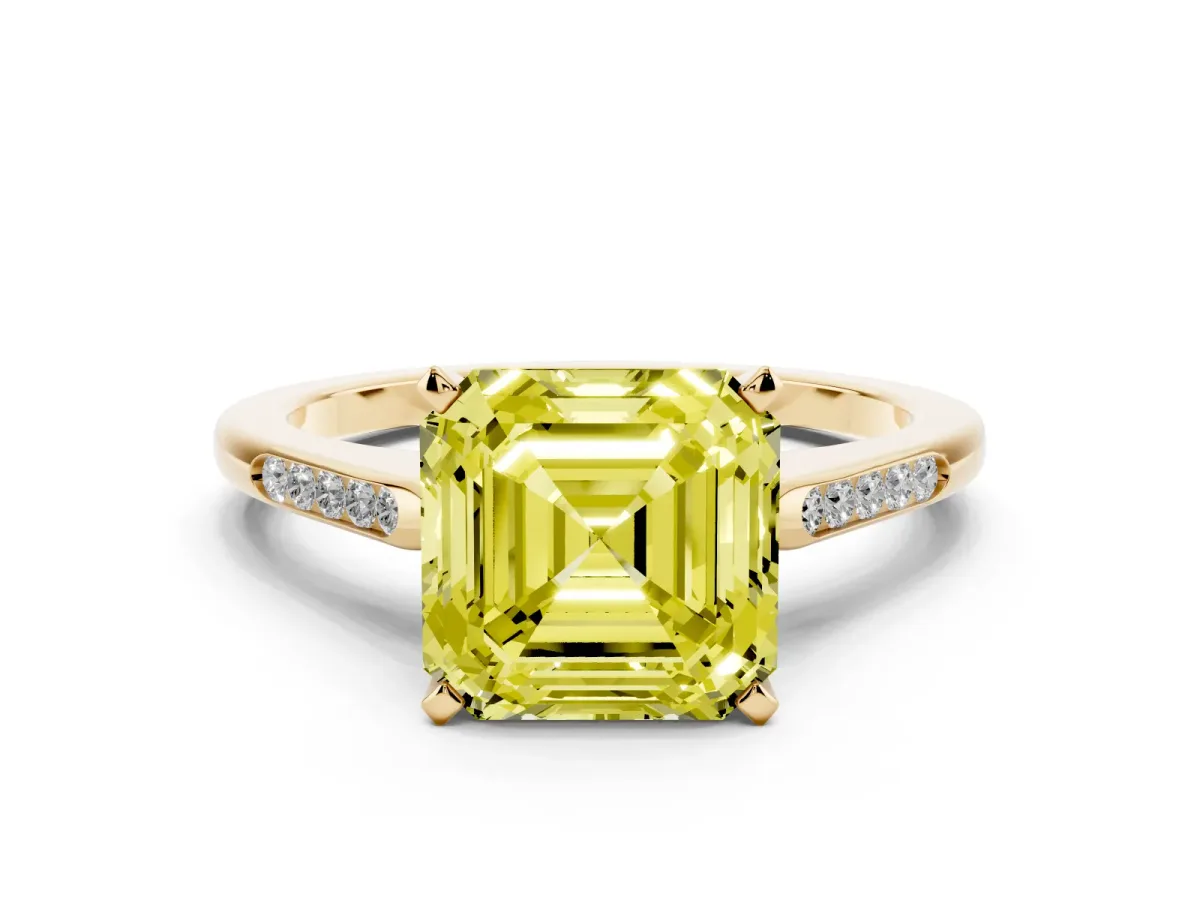 Fancy Yellow Asscher Cut Diamond Solitaire Ring with Channel Set Round Band and Prong Setting Yellow gold