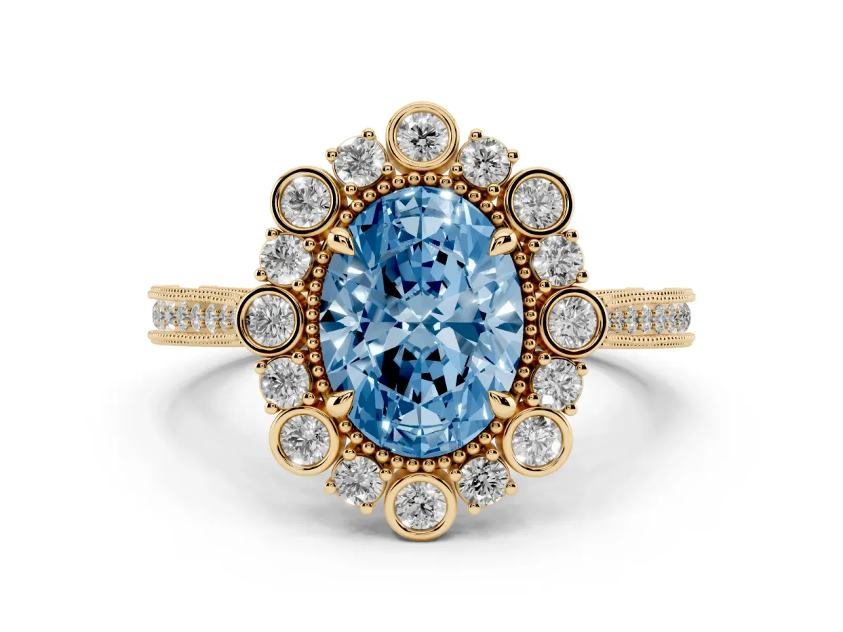 Fancy Blue Oval Cut Halo Milgrain Pave Diamond Ring with Four-Prong Setting Yellow gold