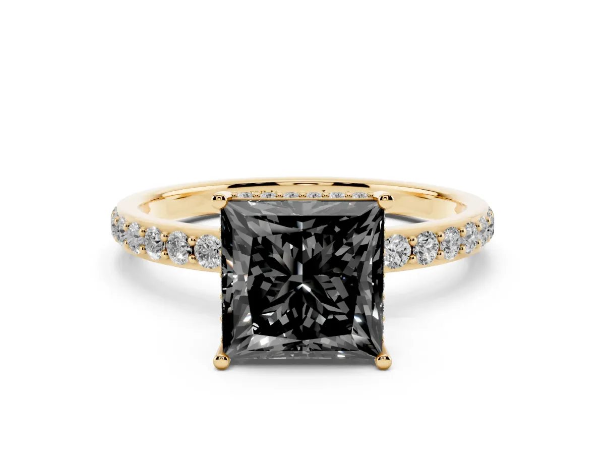Fancy Black Princess Cut Diamond Solitaire Ring with Pavé Band and Hidden Halo Yellow gold