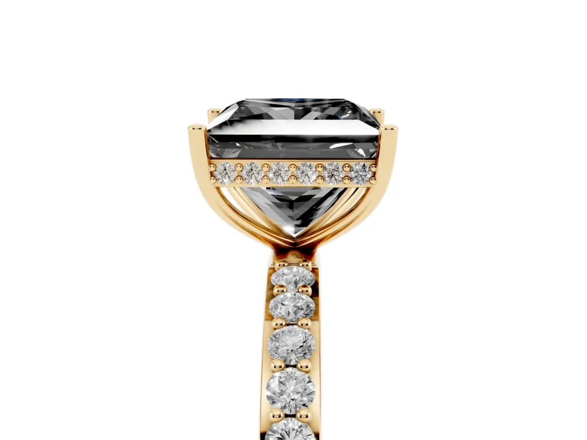 Fancy Black Princess Cut Diamond Solitaire Ring with Pavé Band and Hidden Halo Yellow gold