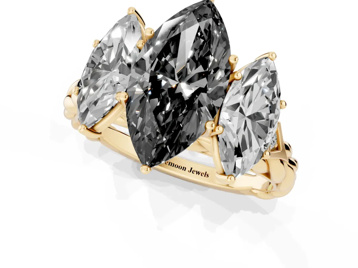 Fancy Black Three-Stone Marquise Cut Diamond Braided Band Ring with Four-Prong Setting Yellow gold