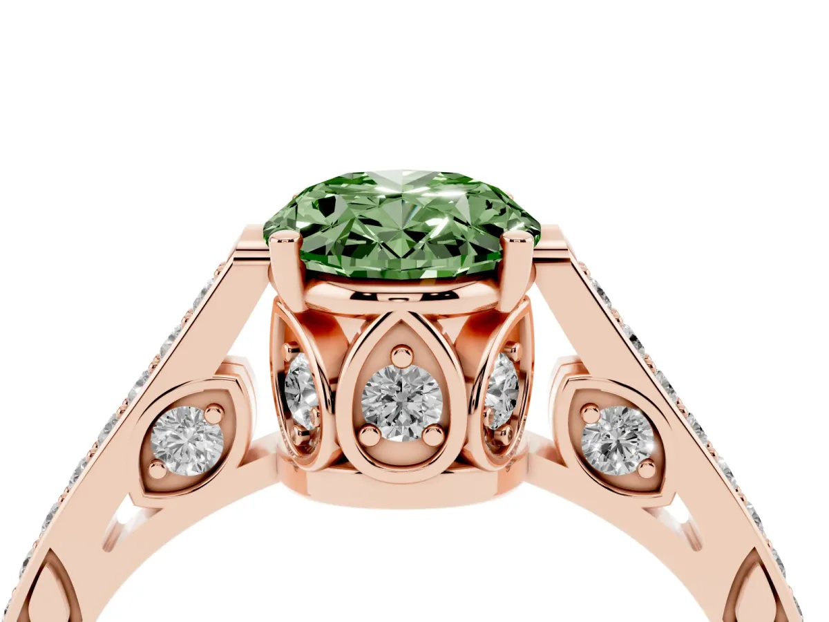 Fancy Green Oval Cut Cut Cathedral Pave Diamond Engagement Ring with Six-Prong Setting Rose gold