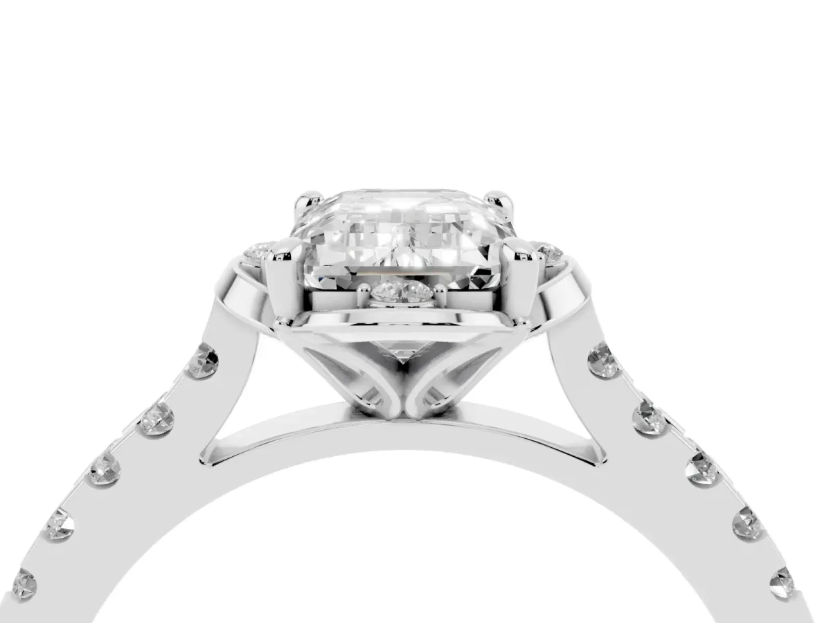Emerald Cut Diamond Ring with Pavé Band and Floral Prong Setting Silver