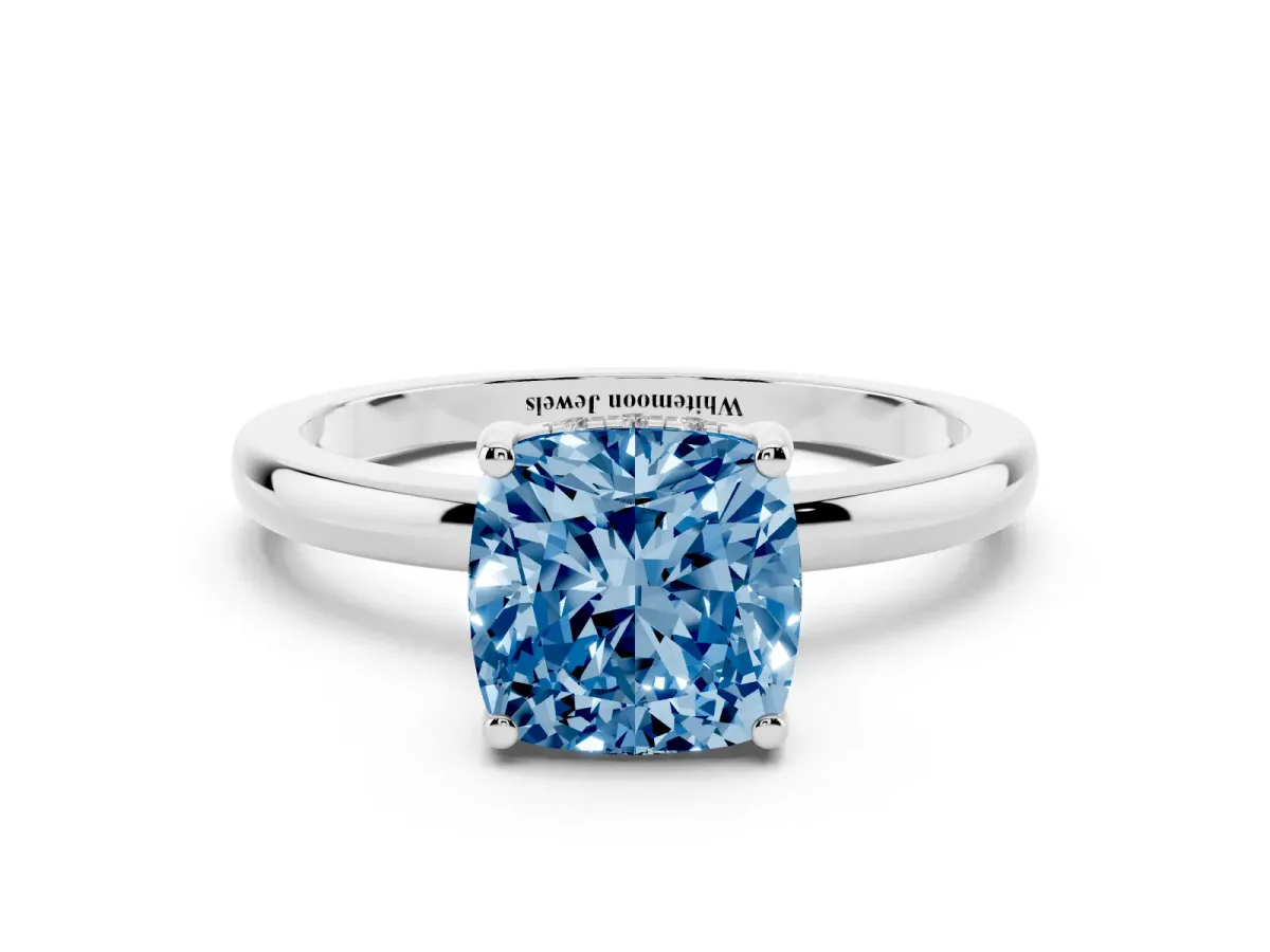 Fancy Blue Cushion Cut Solitaire Diamond Ring with Prong Setting and Plain Band Silver