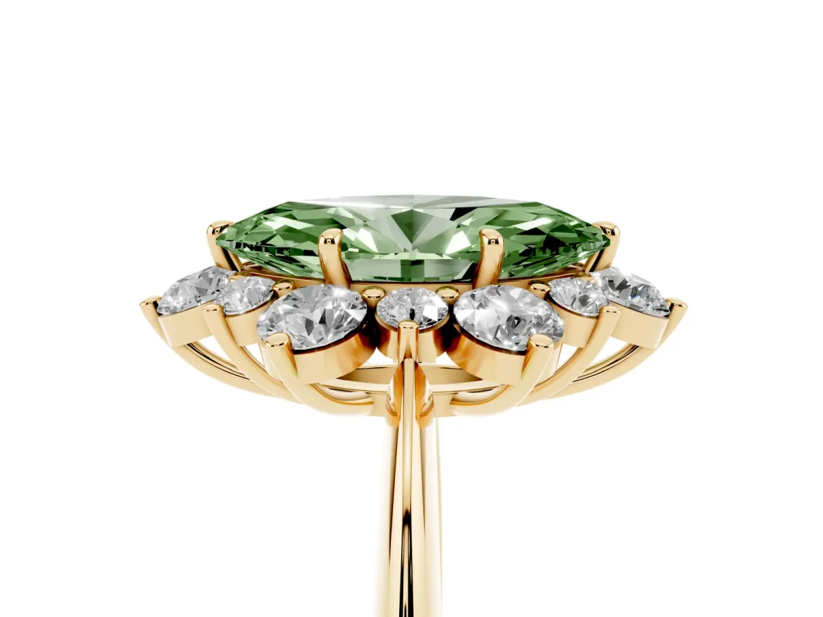 Fancy Green Marquise Cut Diamond Cluster Halo Ring with Solitaire Band and Four-Prong Setting Yellow gold