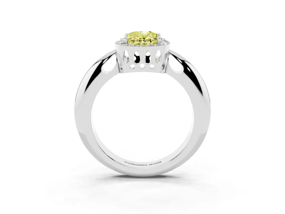 Fancy Yellow Oval Cut Cut Diamond Halo Engagement Ring with Split Shank and Four-Prong Setting Silver