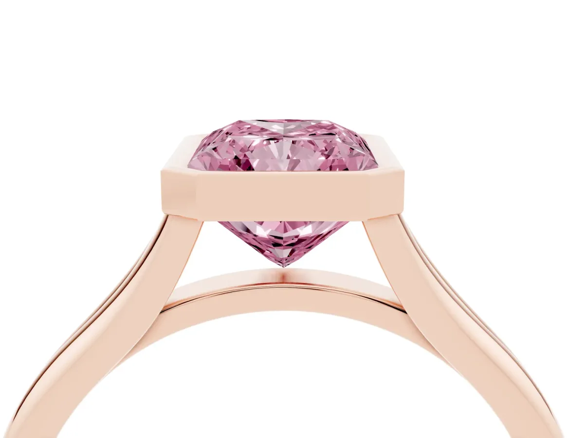 Fancy Pink Bezel Set Radiant Cut Cut Solitaire Ring with Tapered Band Rose gold