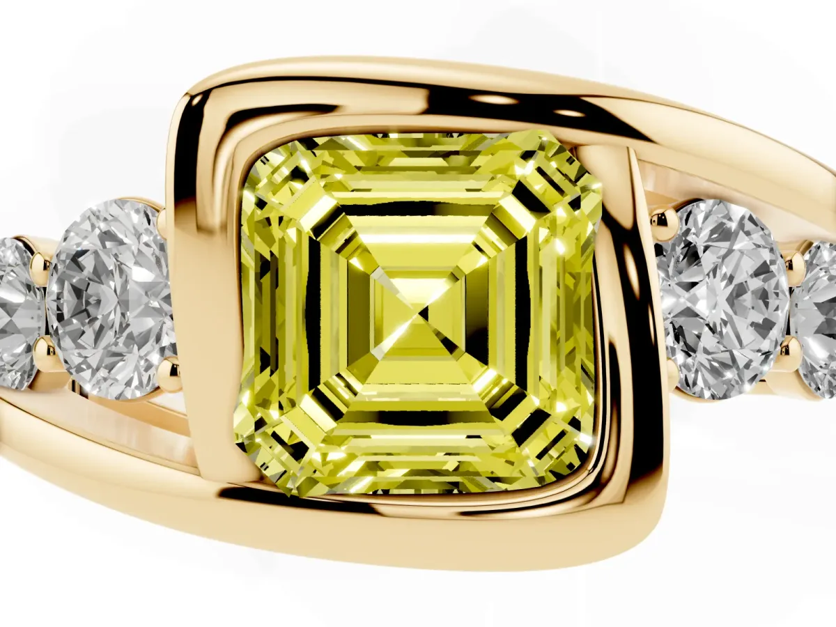 Fancy Yellow Bezel Set Asscher Cut Diamond Bypass Ring with Round Accents Yellow gold