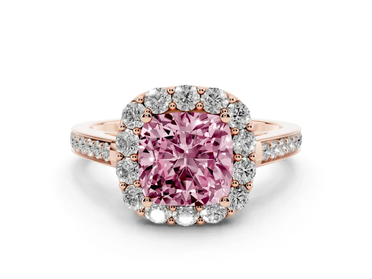 Fancy Pink Cushion Cut Diamond Floral Halo Ring with Pavé Band and Prong Setting Rose gold