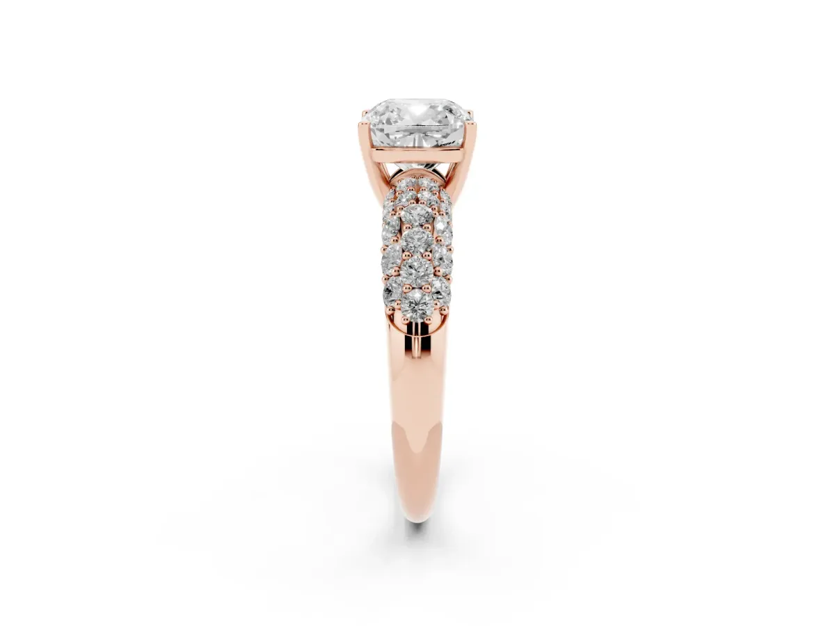 Cushion Cut Diamond Pavé Band Solitaire Ring with Four-Prong Setting Rose gold