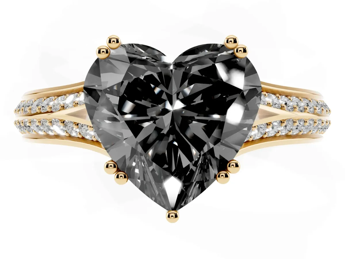 Fancy Black Heart Cut Diamond Split Shank Engagement Ring with Pavé Band Yellow gold