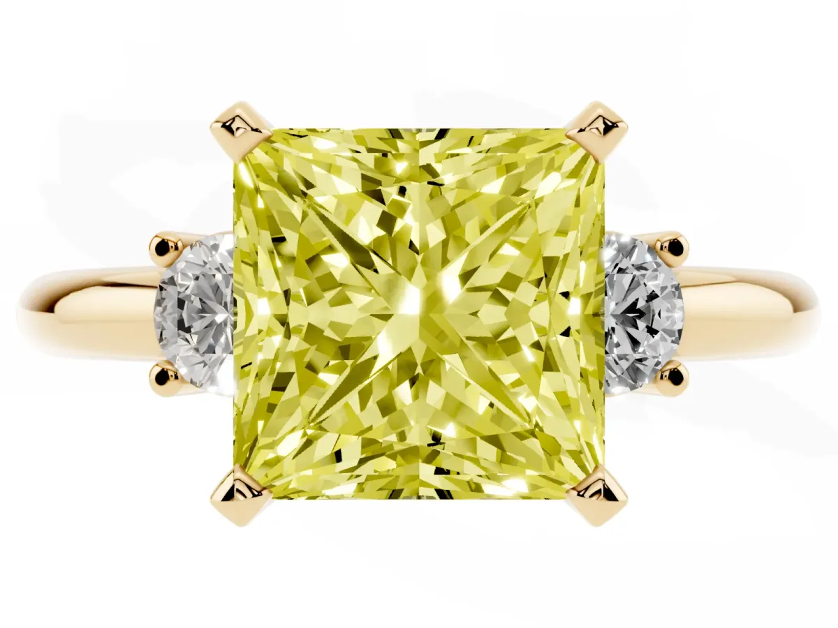 Fancy Yellow Three-Stone Princess Cut Cut Diamond Solitaire with Prong Setting and Classic Band Yellow gold