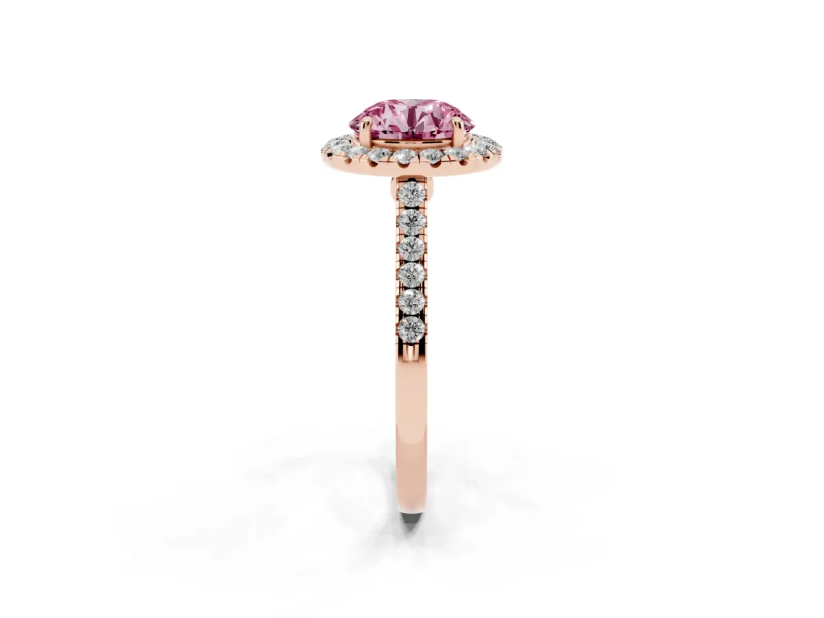 Fancy Pink Round Cut Halo Pave Diamond Engagement Ring with Four-Prong Setting Rose gold