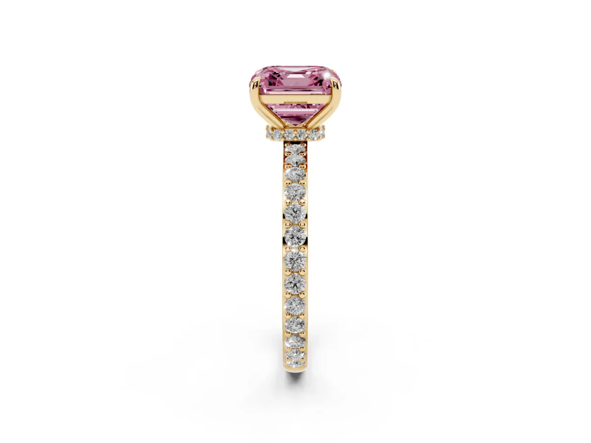 Fancy Pink Asscher Cut Diamond Solitaire Engagement Ring with Pavé Band and Four-Prong Setting Yellow gold