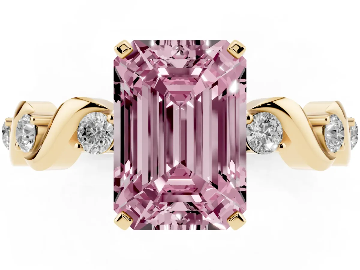 Fancy Pink Emerald Cut Diamond Solitaire Twisted Band with Round Accents and Prong Setting Yellow gold