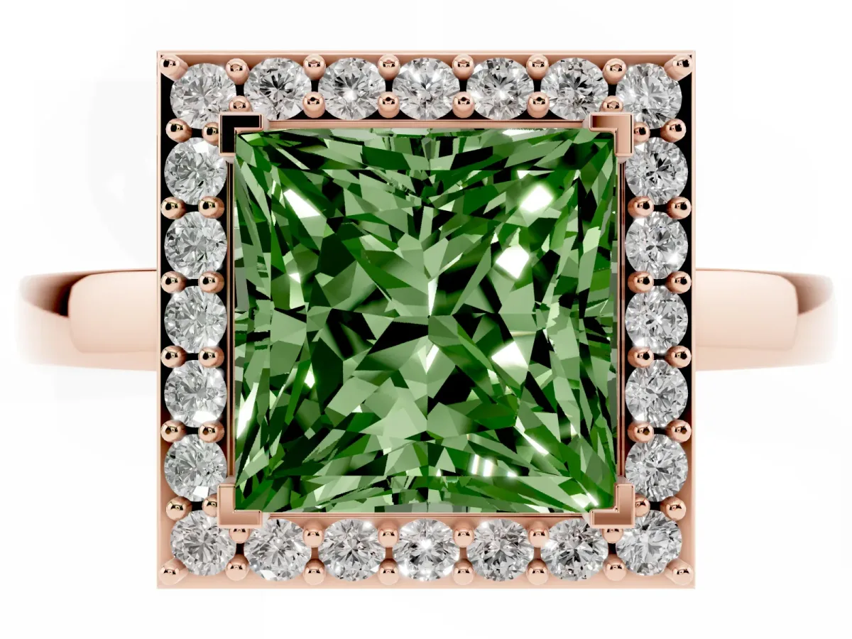 Fancy Green Princess Cut Halo Diamond Ring with Solitaire Band and Prong Setting Rose gold