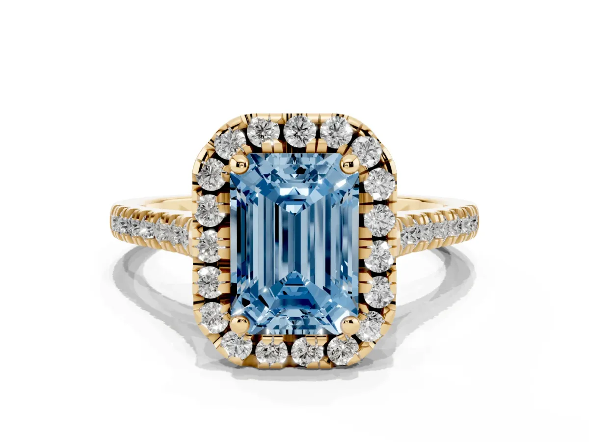 Fancy Blue Emerald Cut Diamond Cushion Halo Ring with Pavé Band Yellow gold