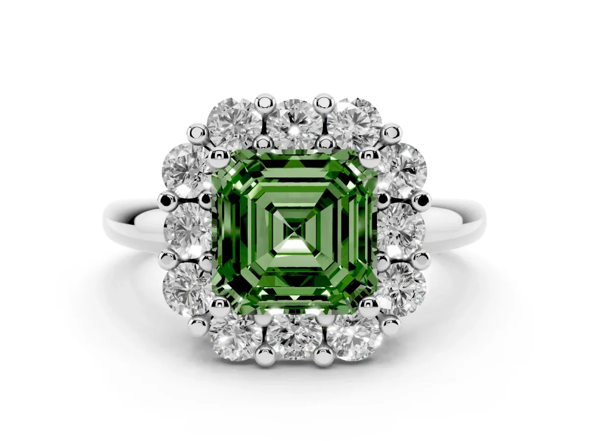 Fancy Green Asscher Cut Halo Cluster Diamond Engagement Ring with Prong Setting and Polished Band Platinum