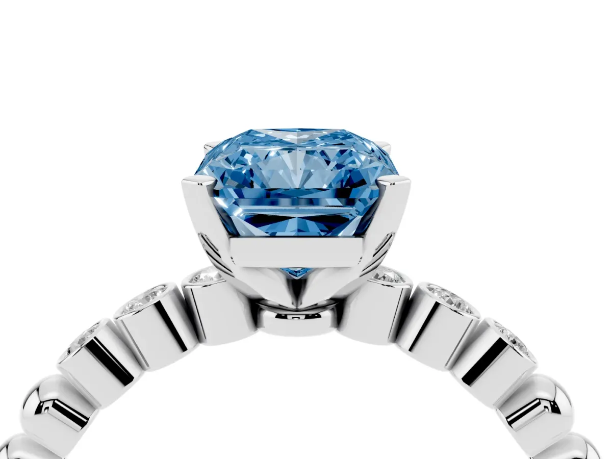 Fancy Blue Radiant Cut Solitaire Bezel Accent Diamond Engagement Ring with Beaded Band and Four-Prong Setting Platinum