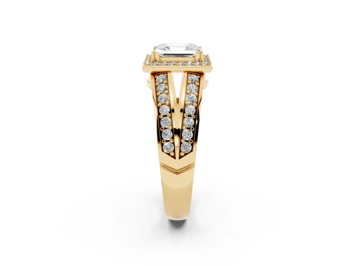Asscher Cut Diamond Halo Ring with Split Shank Pavé Band and Four-Prong Setting Yellow gold