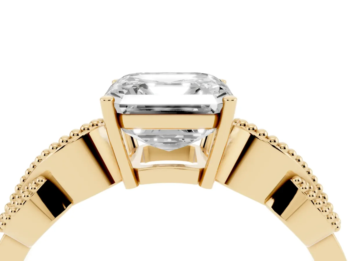 Asscher Cut Solitaire Milgrain Leaf Band with Prong Setting Yellow gold