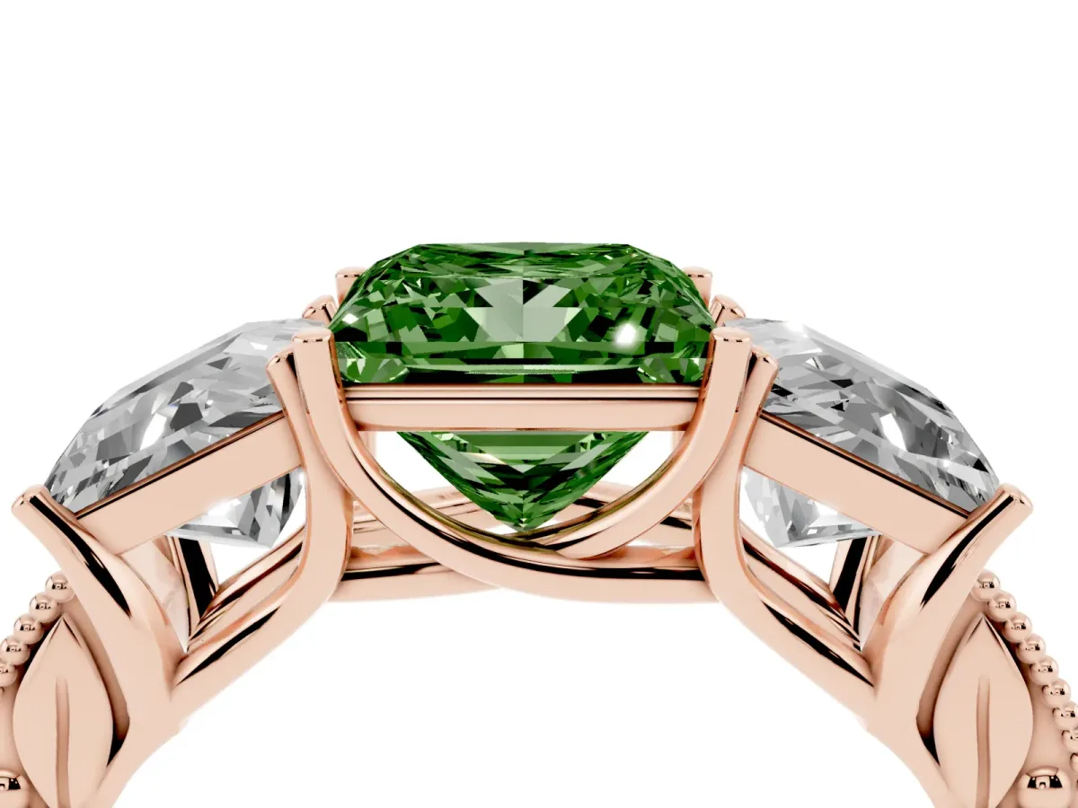 Fancy Green Three-Stone Princess Cut Cut Milgrain Pavé Engagement Ring Rose gold