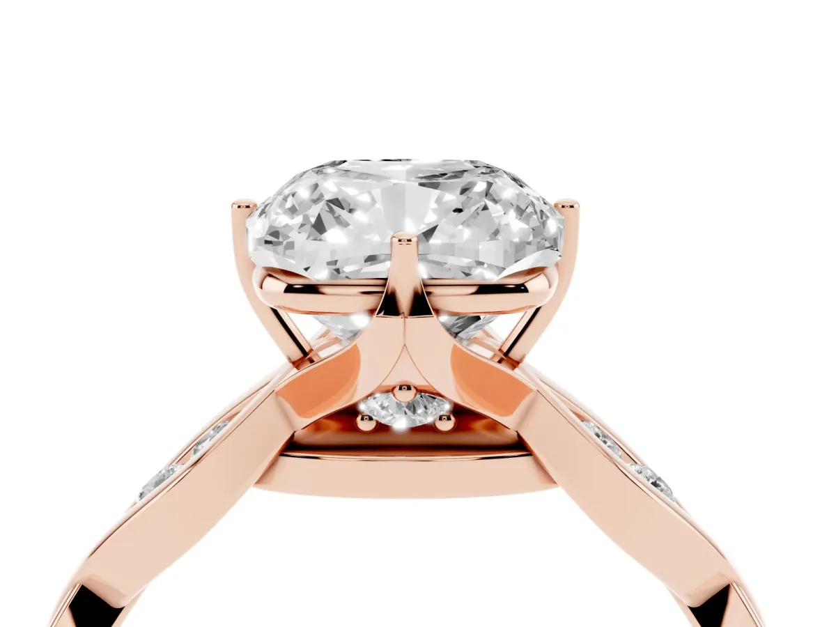 Cushion Cut Solitaire Twist Band with Leaf Prong Setting Rose gold
