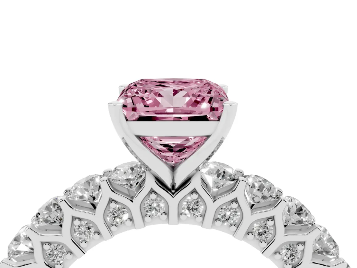 Fancy Pink Princess Cut Diamond Solitaire Ring with Shared Prong Pavé Band and Four-Prong Setting Silver