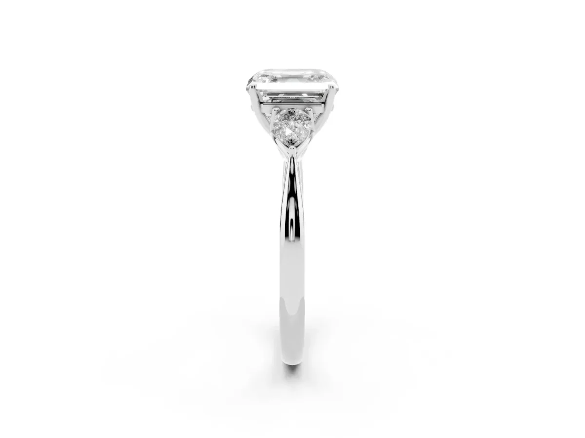 Asscher Cut Diamond Three-Stone Ring with Pear Side Stones and Prong Setting Platinum