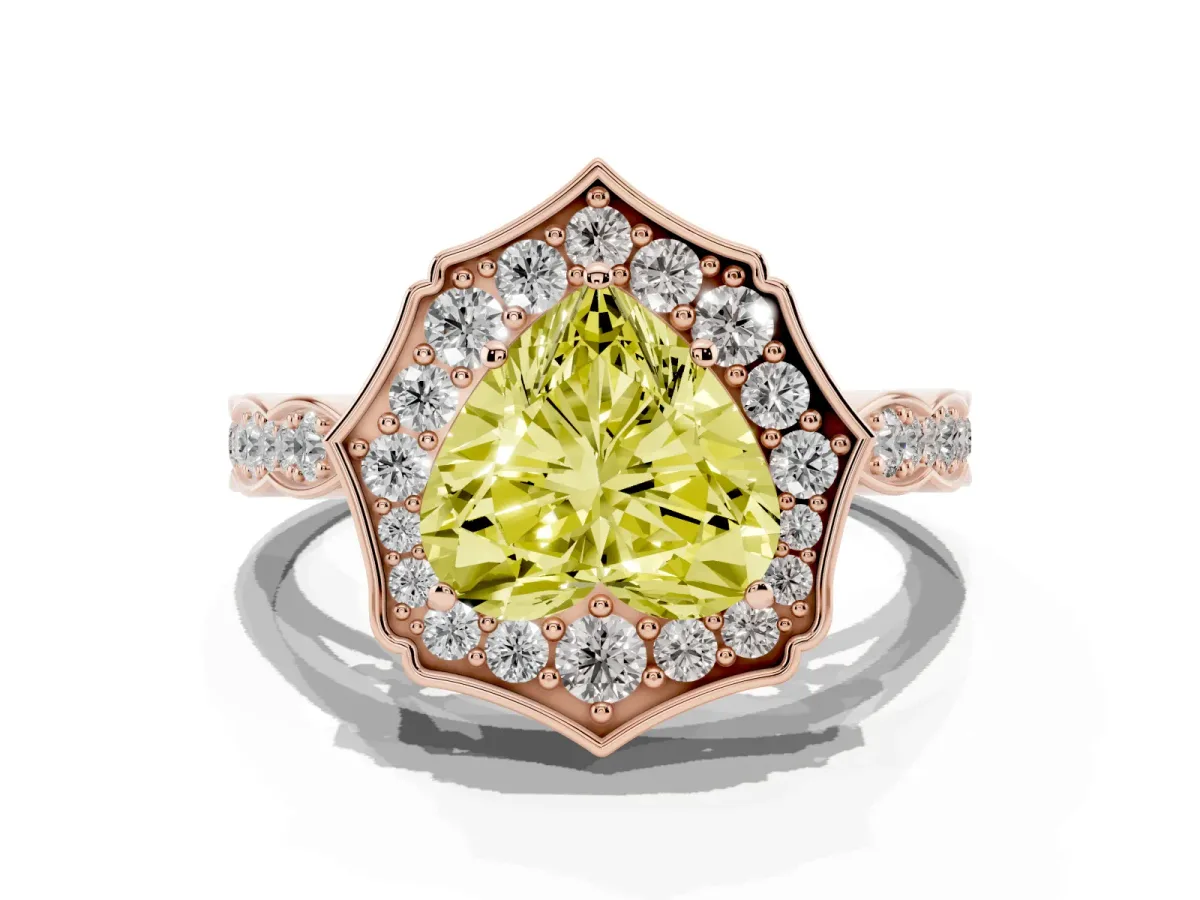 Fancy Yellow Heart Cut Halo Diamond Engagement Ring with Milgrain Band and Four-Prong Setting Rose gold