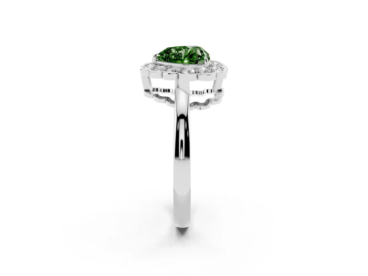 Fancy Green Heart Cut Halo Cluster Diamond Engagement Ring with Solitaire Band and Prong Setting Silver